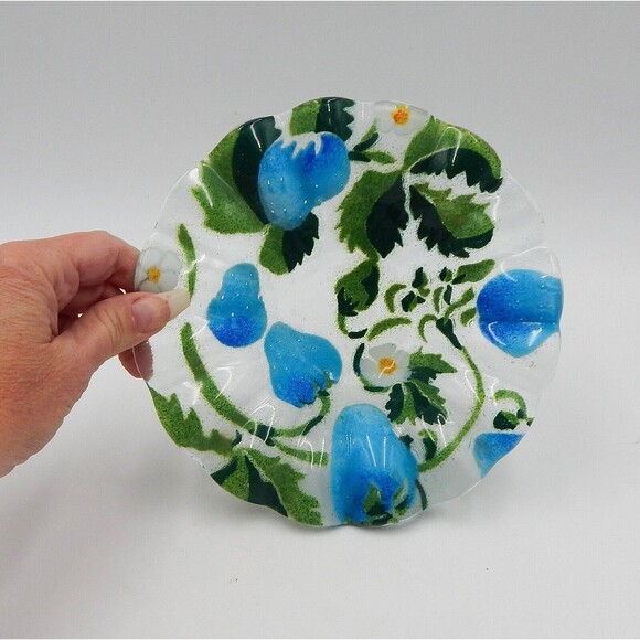Sydenstricker Blue Strawberry Fused Glass Plate Bowl Ruffled Edge 2 PC Signed - Picture 5 of 11